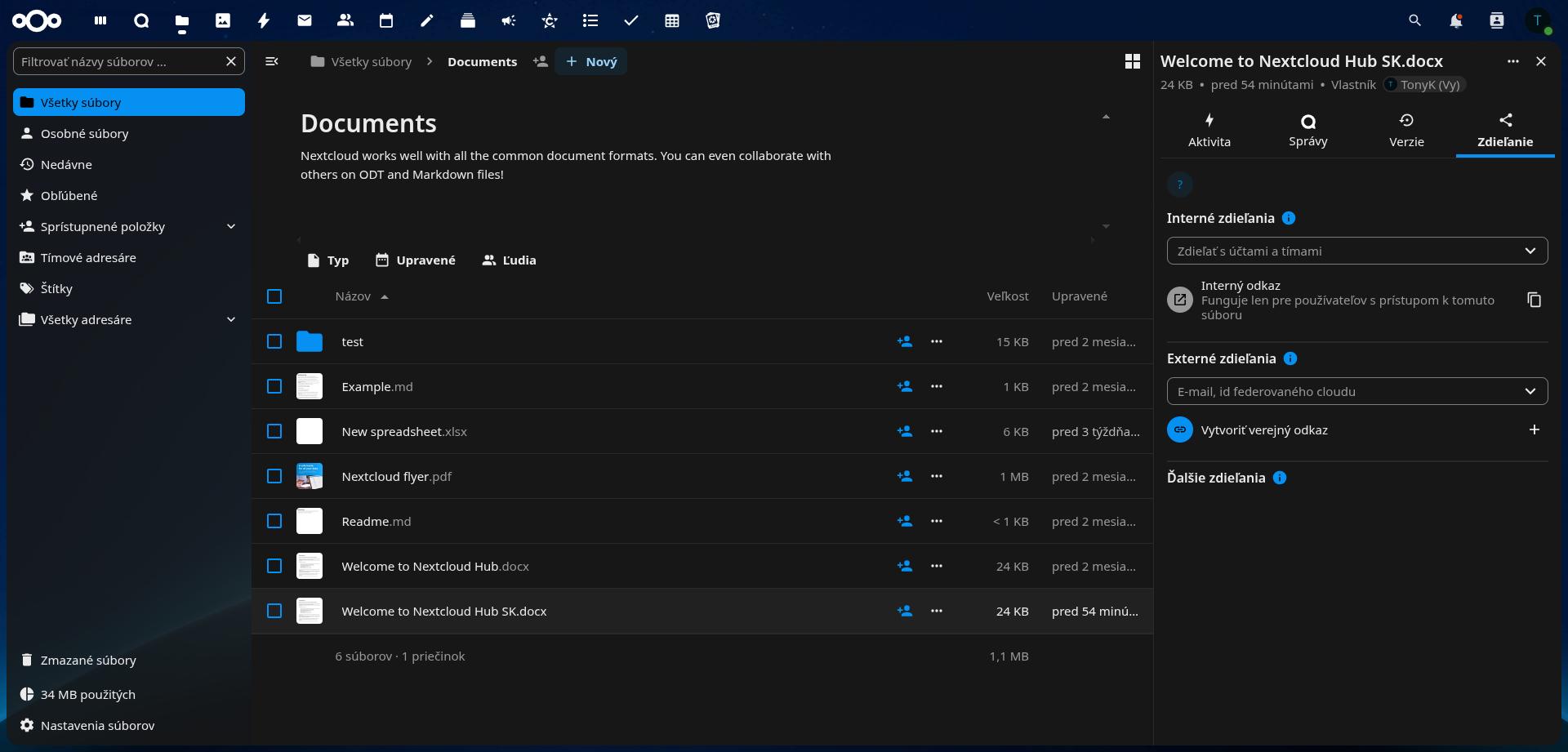 Ukážka prostredia Nextcloud Files